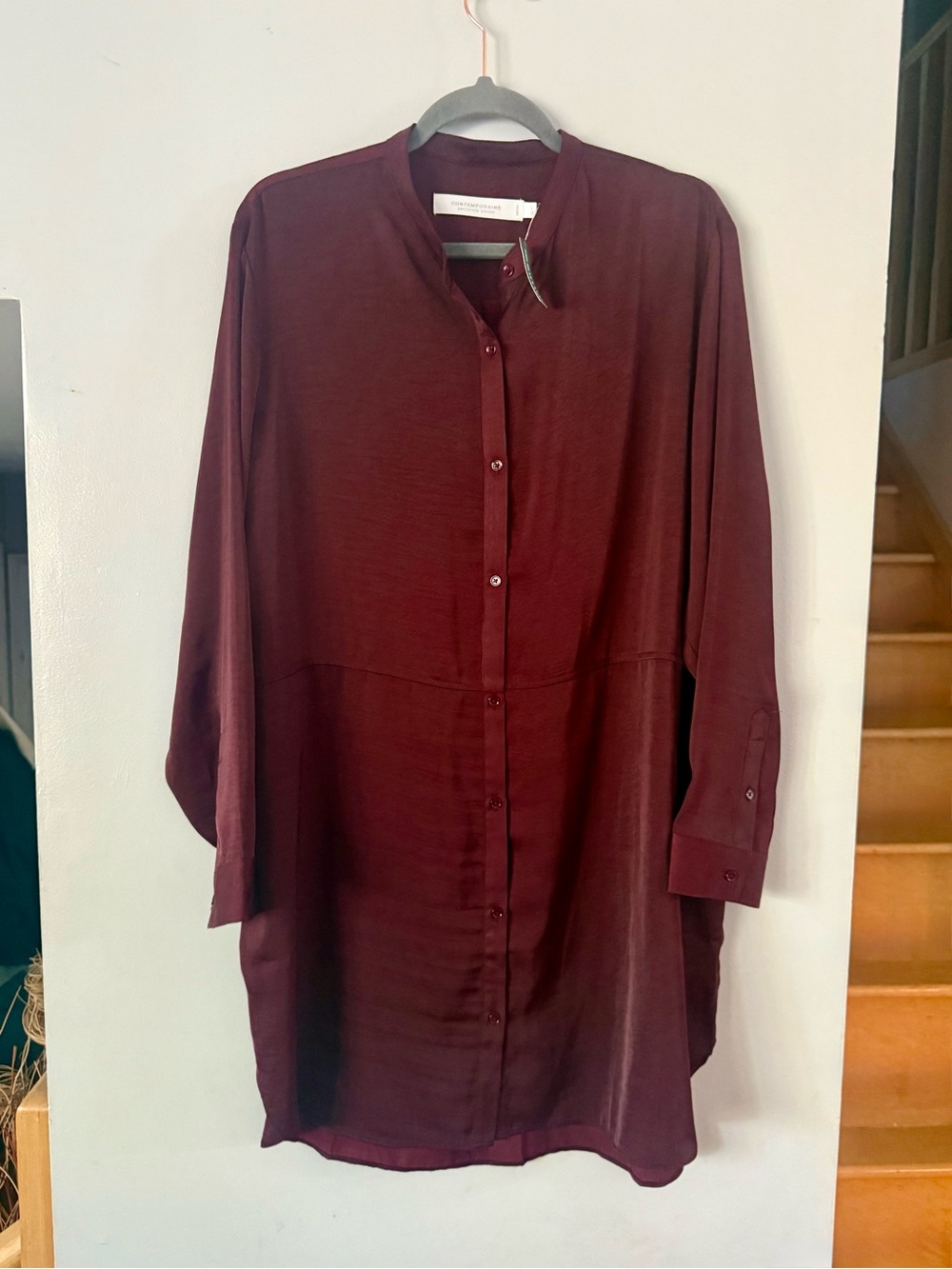 Contemporaine Simons Burgundy Mandarin Collar Shirt Dress Tunic XL
